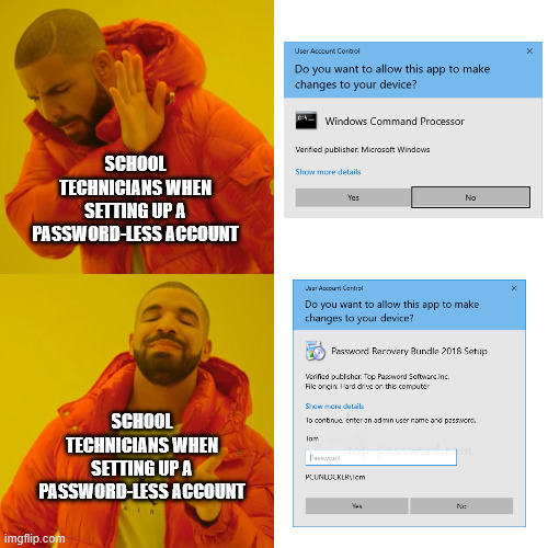 Admin Password | SCHOOL TECHNICIANS WHEN SETTING UP A PASSWORD-LESS ACCOUNT; SCHOOL TECHNICIANS WHEN SETTING UP A PASSWORD-LESS ACCOUNT | image tagged in memes,drake hotline bling,funny | made w/ Imgflip meme maker