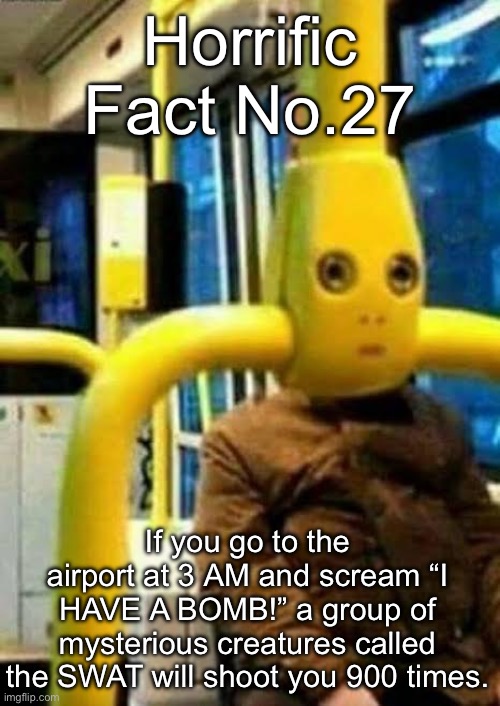Horrifying Fact (My Cut) | Horrific Fact No.27; If you go to the airport at 3 AM and scream “I HAVE A BOMB!” a group of mysterious creatures called the SWAT will shoot you 900 times. | image tagged in scary facts,hilarious,swat,airport,remake | made w/ Imgflip meme maker
