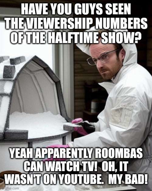 Bot numbers...go look at chat!!! | HAVE YOU GUYS SEEN THE VIEWERSHIP NUMBERS OF THE HALFTIME SHOW? YEAH APPARENTLY ROOMBAS CAN WATCH TV!  OH, IT WASN'T ON YOUTUBE.  MY BAD! | image tagged in snowcones | made w/ Imgflip meme maker
