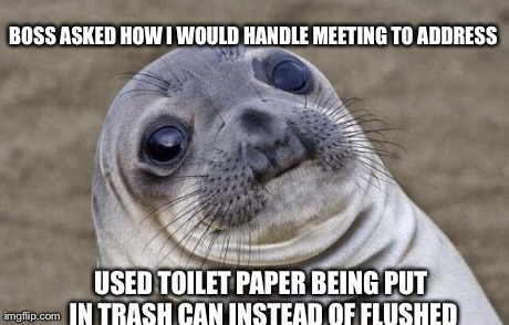 Awkward Moment Sealion Meme | BOSS ASKED HOW I WOULD HANDLE MEETING TO ADDRESS USED TOILET PAPER BEING PUT IN TRASH CAN INSTEAD OF FLUSHED | image tagged in memes,awkward moment sealion | made w/ Imgflip meme maker