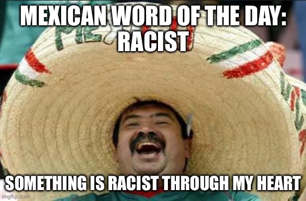 mexican word of the day | MEXICAN WORD OF THE DAY:
RACIST; SOMETHING IS RACIST THROUGH MY HEART | image tagged in mexican word of the day,racist,racism | made w/ Imgflip meme maker