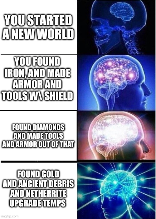 Me posting random MC memes onto the stream: day 1 | YOU STARTED A NEW WORLD; YOU FOUND IRON, AND MADE ARMOR AND TOOLS W\ SHIELD; FOUND DIAMONDS AND MADE TOOLS AND ARMOR OUT OF THAT; FOUND GOLD AND ANCIENT DEBRIS AND NETHERRITE UPGRADE TEMPS | image tagged in memes,expanding brain,minecraft memes,random | made w/ Imgflip meme maker