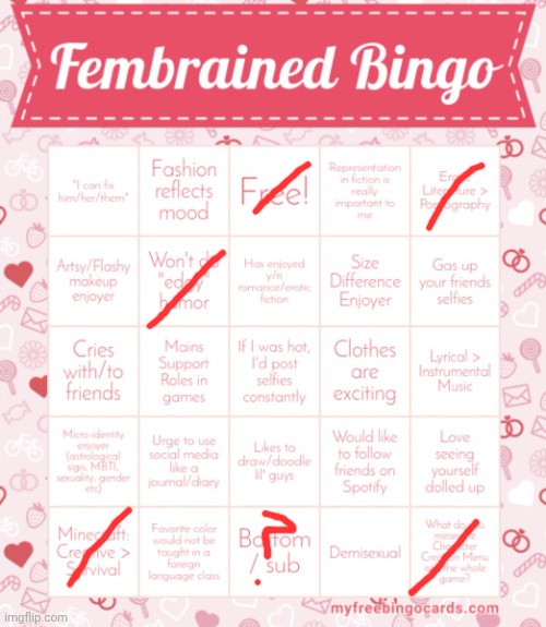 Fembrained Bingo | image tagged in fembrained bingo | made w/ Imgflip meme maker
