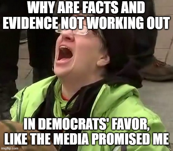 WHY ARE FACTS AND EVIDENCE NOT WORKING OUT IN DEMOCRATS' FAVOR, LIKE THE MEDIA PROMISED ME | image tagged in crying liberal | made w/ Imgflip meme maker
