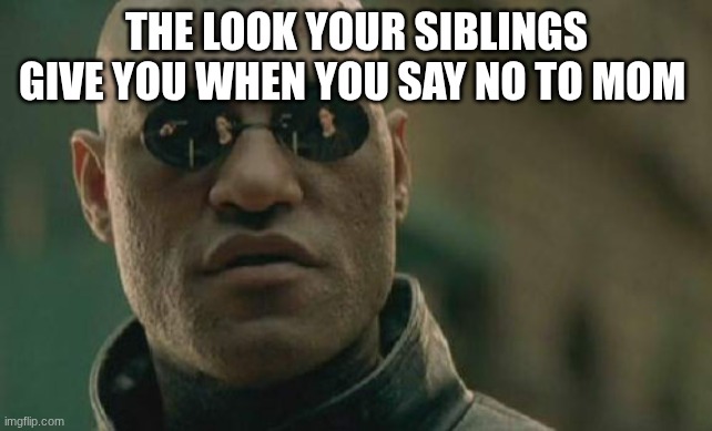 Matrix Morpheus Meme | THE LOOK YOUR SIBLINGS GIVE YOU WHEN YOU SAY NO TO MOM | image tagged in memes,matrix morpheus | made w/ Imgflip meme maker