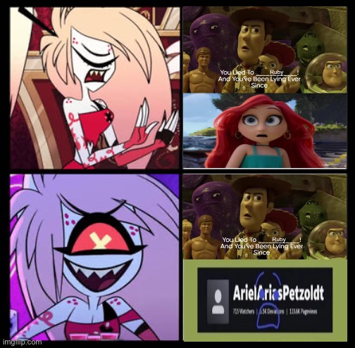 Cherri Bomb prefers ArielAriasPetzoldt being defeated by Woody, not Woody being mean to Chelsea | image tagged in deviantart,arielariaspetzoldt,kingredspyredx,hazbin hotel,game jolt | made w/ Imgflip meme maker