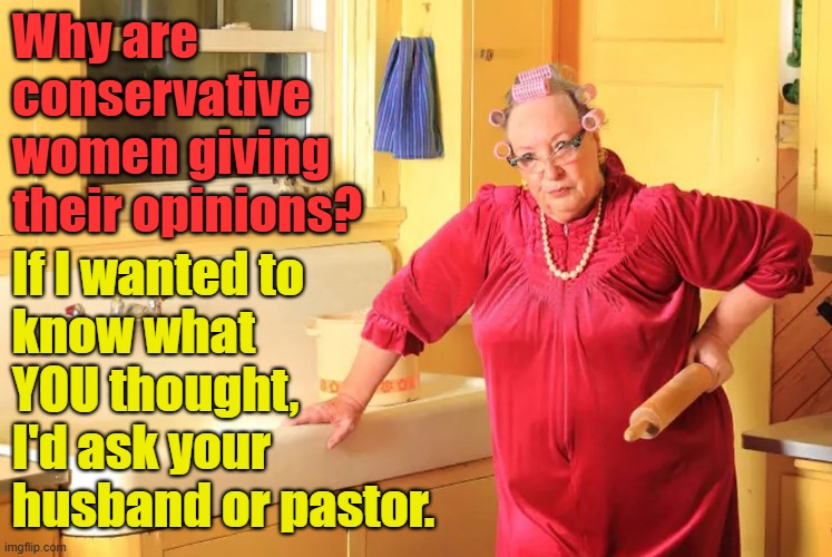 Why are
conservative
women giving
their opinions? If I wanted to
know what
YOU thought,
I'd ask your
husband or pastor. | made w/ Imgflip meme maker