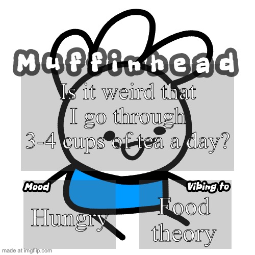 Muffinhead announcement template | Is it weird that I go through 3-4 cups of tea a day? Hungry; Food theory | image tagged in muffinhead announcement template | made w/ Imgflip meme maker