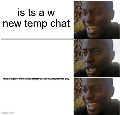 https://imgflip.com/memegenerator/638059988/reappointed-guy | is ts a w new temp chat; https://imgflip.com/memegenerator/638059988/reappointed-guy | image tagged in reappointed guy | made w/ Imgflip meme maker