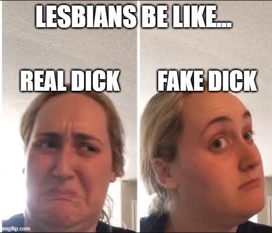 Lesbians... | LESBIANS BE LIKE... REAL DICK; FAKE DICK | image tagged in kombucha girl | made w/ Imgflip meme maker