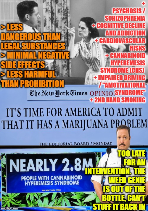 Too late for an intervention. The weed genie is out of the bottle, can't stuff it back in | + PSYCHOSIS / SCHIZOPHRENIA
+ COGNITIVE DECLINE AND ADDICTION
+ CARDIOVASCULAR RISKS
+ CANNABINOID HYPEREMESIS SYNDROME (CHS) 
+ IMPAIRED DRIVING / "AMOTIVATIONAL SYNDROME"
+ 2ND HAND SMOKING; > LESS DANGEROUS THAN LEGAL SUBSTANCES
> MINIMAL NEGATIVE SIDE EFFECTS
> LESS HARMFUL THAN PROHIBITION; TOO LATE FOR AN INTERVENTION.  THE WEED GENIE IS OUT OF THE BOTTLE, CAN'T STUFF IT BACK IN | image tagged in pot,smoking weed,marijuana,bud bandits,toxicity,thc | made w/ Imgflip meme maker