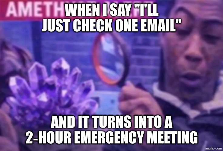 Used AI for this. Is it peak? | WHEN I SAY "I'LL JUST CHECK ONE EMAIL"; AND IT TURNS INTO A 2‑HOUR EMERGENCY MEETING | image tagged in amethyst alert | made w/ Imgflip meme maker