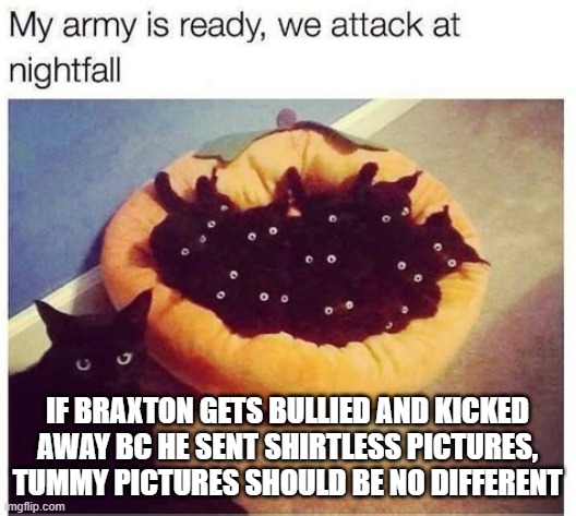 do not even think about it | IF BRAXTON GETS BULLIED AND KICKED AWAY BC HE SENT SHIRTLESS PICTURES, TUMMY PICTURES SHOULD BE NO DIFFERENT | image tagged in grimnemo's army | made w/ Imgflip meme maker
