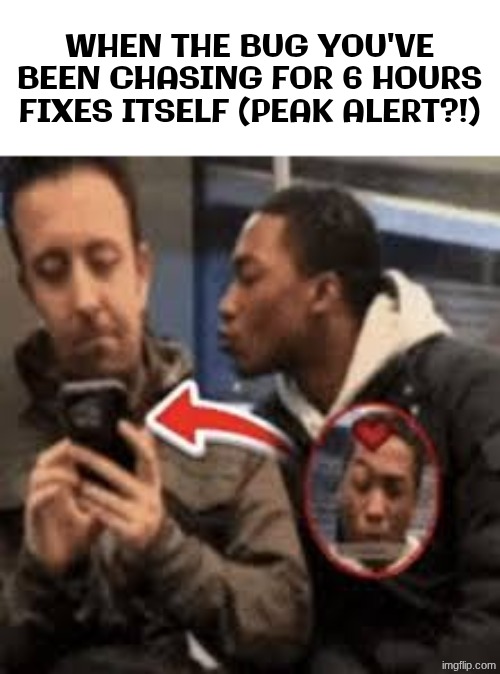 Peak alert?! | WHEN THE BUG YOU'VE BEEN CHASING FOR 6 HOURS FIXES ITSELF (PEAK ALERT?!) | image tagged in peak alert | made w/ Imgflip meme maker