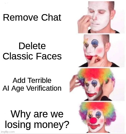 Roblox Core | Remove Chat; Delete Classic Faces; Add Terrible AI Age Verification; Why are we losing money? | image tagged in memes,clown applying makeup | made w/ Imgflip meme maker
