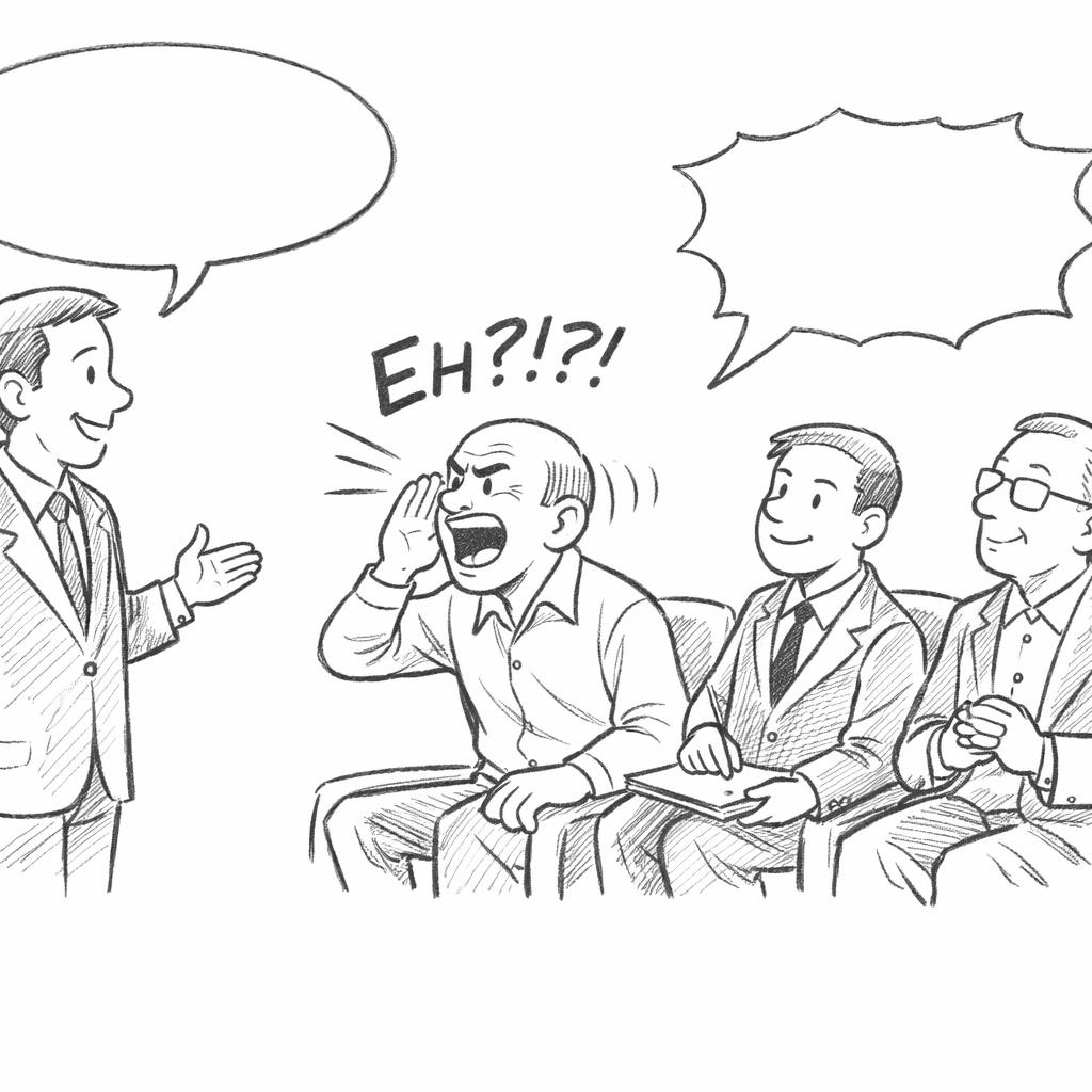 A man talking to a group of investors while one is shouting back Blank Meme Template