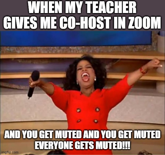 my teach be taking it away IMEDETILY! | WHEN MY TEACHER GIVES ME CO-HOST IN ZOOM; AND YOU GET MUTED AND YOU GET MUTED
EVERYONE GETS MUTED!!! | image tagged in memes,oprah you get a | made w/ Imgflip meme maker