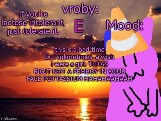 not all the time tho | this is a bad time but sokmetimes  a wish i were a girl. THTAS RIGJT NOT A FEMBOY IN YOUR FACE POTTASSIUM HAHAHAAHAAH | image tagged in vroby temp cruz ye | made w/ Imgflip meme maker