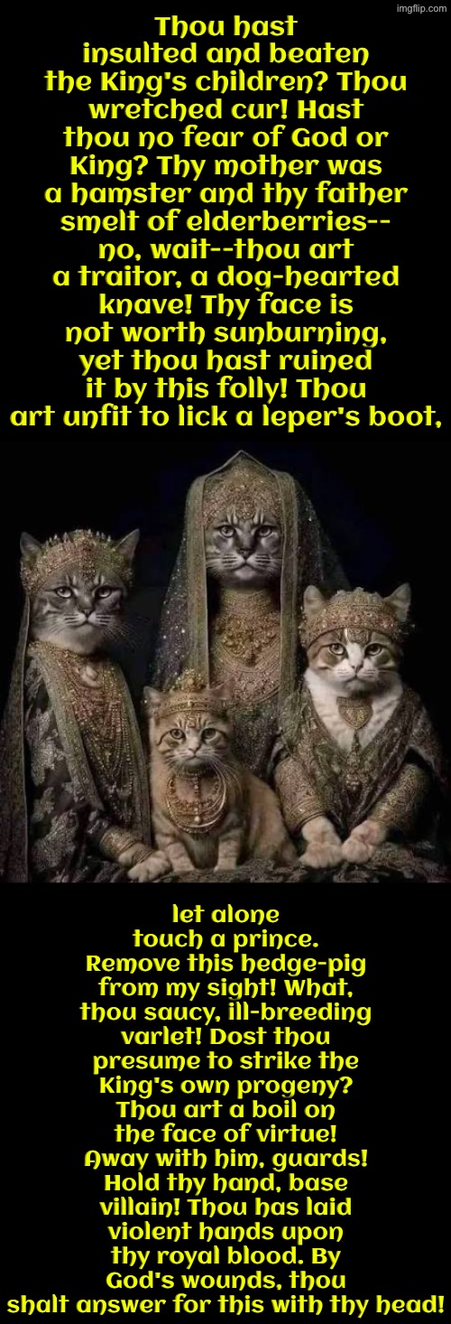 Thou Shalt Answer With Thy Head | Thou hast insulted and beaten the King's children? Thou wretched cur! Hast thou no fear of God or King? Thy mother was a hamster and thy father smelt of elderberries-- no, wait--thou art a traitor, a dog-hearted knave! Thy face is not worth sunburning, yet thou hast ruined it by this folly! Thou art unfit to lick a leper's boot, let alone touch a prince. Remove this hedge-pig from my sight! What, thou saucy, ill-breeding varlet! Dost thou presume to strike the King's own progeny? Thou art a boil on the face of virtue! Away with him, guards! Hold thy hand, base villain! Thou has laid violent hands upon thy royal blood. By God's wounds, thou shalt answer for this with thy head! | image tagged in cats,medieval memes,funny cats,so you have chosen death,bullying,superior royalty | made w/ Imgflip meme maker