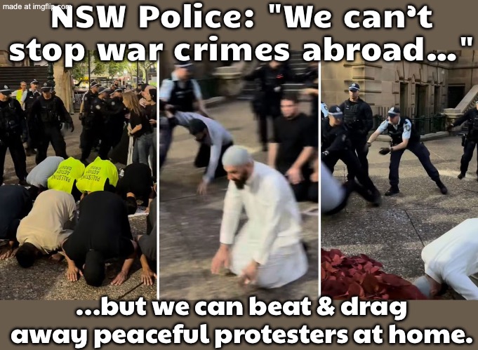 NSW Police: "We respect your right to protest…"; …as long as it’s not about Palestine, genocide, or the government" | NSW Police: "We can’t stop war crimes abroad…"; …but we can beat & drag away peaceful protesters at home. | image tagged in nsw police make israeli president feel at home,australia,meanwhile in australia,protesters,palestine,genocide | made w/ Imgflip meme maker
