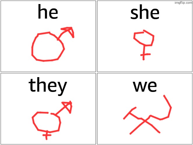 We | he; she; they; we | image tagged in memes,blank comic panel 2x2 | made w/ Imgflip meme maker