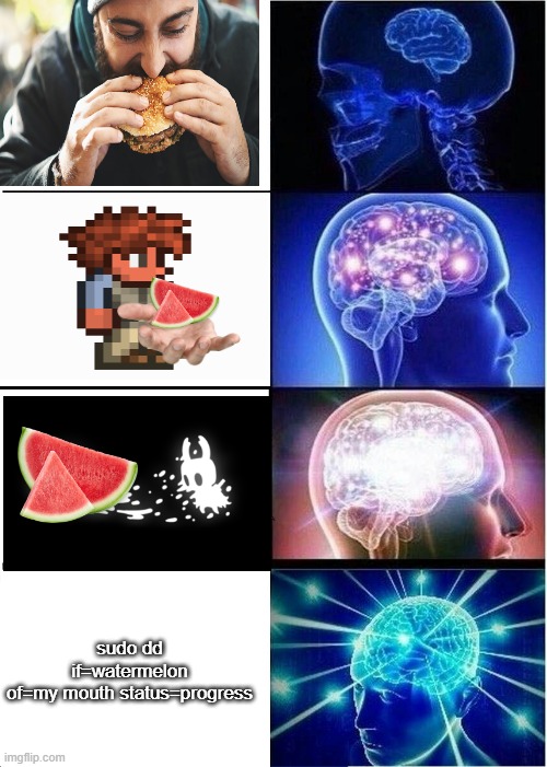 Expanding Brain Meme | sudo dd if=watermelon of=my mouth status=progress | image tagged in memes,expanding brain | made w/ Imgflip meme maker