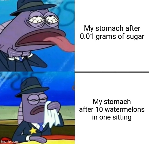 My stomach in a nutshell | My stomach after 0.01 grams of sugar; My stomach after 10 watermelons in one sitting | image tagged in spongebob health inspector meme | made w/ Imgflip meme maker