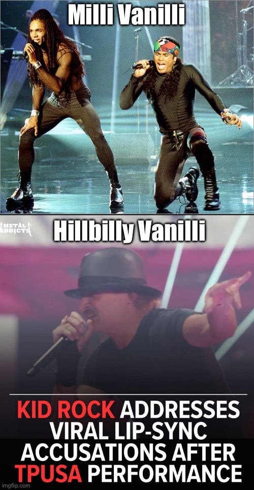 Hillbilly Lip Sync | Milli Vanilli; Hillbilly Vanilli | image tagged in milli vanilli,hillbilly,halftime,lip,sync,irony | made w/ Imgflip meme maker