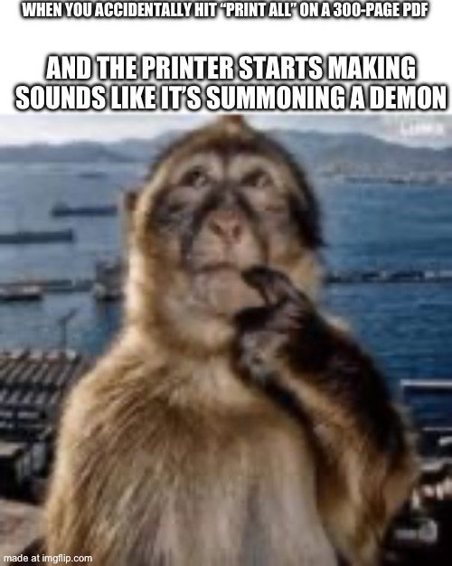 WHEN YOU ACCIDENTALLY HIT “PRINT ALL” ON A 300-PAGE PDF AND THE PRINTER STARTS MAKING SOUNDS LIKE IT’S SUMMONING A DEMON | made w/ Imgflip meme maker