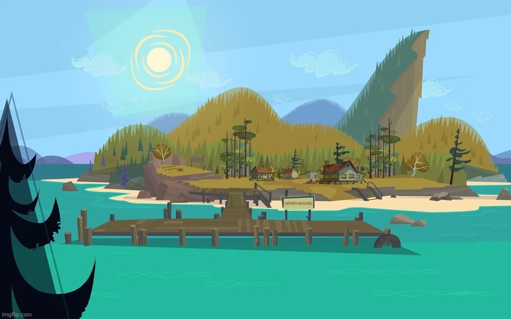 A full front view of the island in the morning In Camp Wawanakwa | image tagged in a full front view of the island in the morning in camp wawanakwa | made w/ Imgflip meme maker
