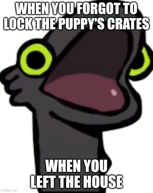 true meme | WHEN YOU FORGOT TO LOCK THE PUPPY'S CRATES; WHEN YOU LEFT THE HOUSE | image tagged in uh oh,noooooooooooooooooooooooo | made w/ Imgflip meme maker
