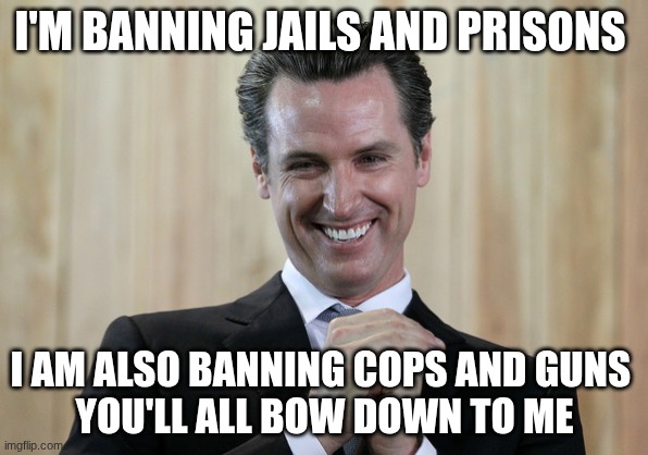 Scheming Gavin Newsom  | I'M BANNING JAILS AND PRISONS; I AM ALSO BANNING COPS AND GUNS 
YOU'LL ALL BOW DOWN TO ME | image tagged in scheming gavin newsom | made w/ Imgflip meme maker