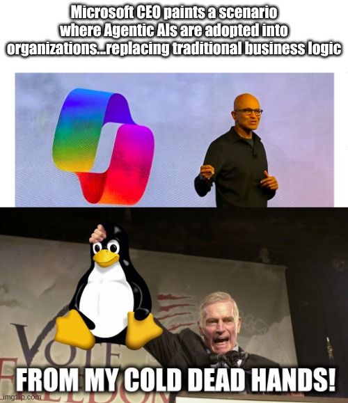 Microsoft Agentic OS and Agentic That blah blah blah no one wants it. | Microsoft CEO paints a scenario where Agentic AIs are adopted into organizations...replacing traditional business logic | image tagged in microsoft can take linux from my cold dead hands | made w/ Imgflip meme maker