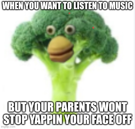 broccoli face says no | WHEN YOU WANT TO LISTEN TO MUSIC; BUT YOUR PARENTS WONT STOP YAPPIN YOUR FACE OFF | image tagged in fun | made w/ Imgflip meme maker