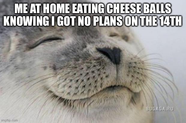 I’m doomed to be a Bachelor for life | ME AT HOME EATING CHEESE BALLS KNOWING I GOT NO PLANS ON THE 14TH | image tagged in happy seal | made w/ Imgflip meme maker