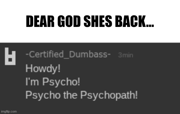 PsychothePsychopath | DEAR GOD SHES BACK... | image tagged in meme | made w/ Imgflip meme maker