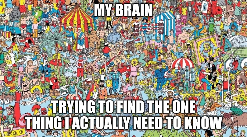 brain | MY BRAIN; TRYING TO FIND THE ONE THING I ACTUALLY NEED TO KNOW | image tagged in where's waldo | made w/ Imgflip meme maker