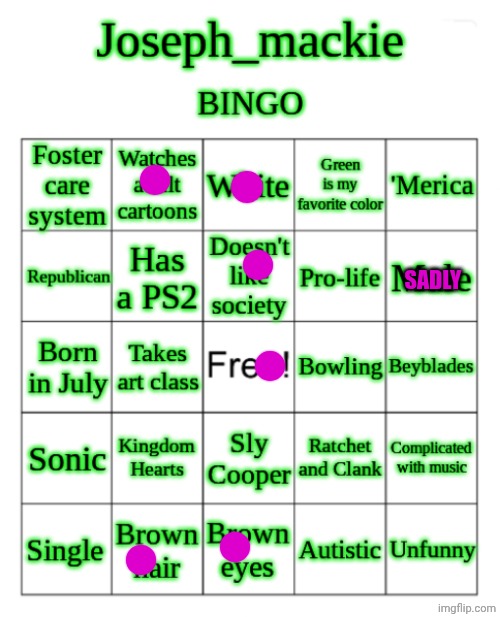 Joseph_Mackie BINGO | SADLY | image tagged in joseph_mackie bingo | made w/ Imgflip meme maker