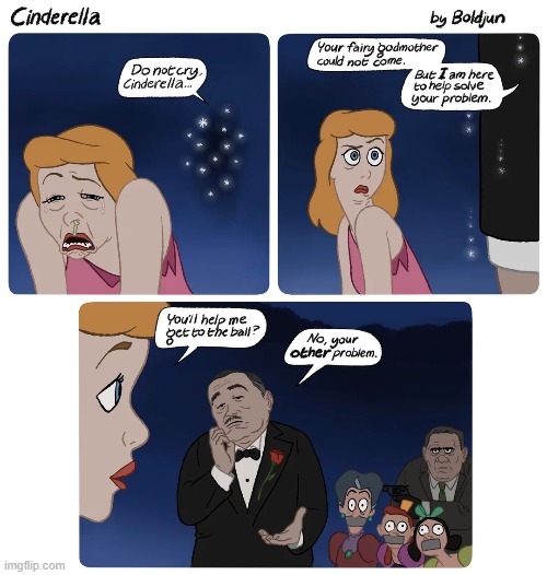 image tagged in cinderella,the godfather,stepmother,stepsisters,crossover,problem solved | made w/ Imgflip meme maker