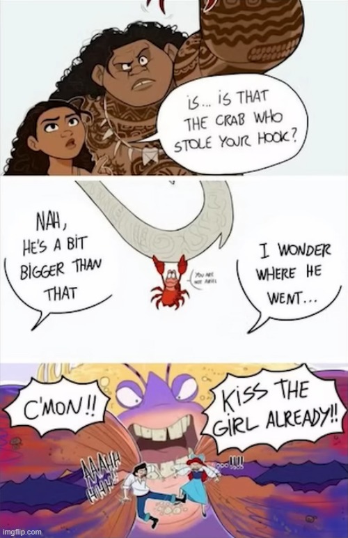 image tagged in the little mermaid,moana,crabs,sebastian,tamatoa,swap | made w/ Imgflip meme maker