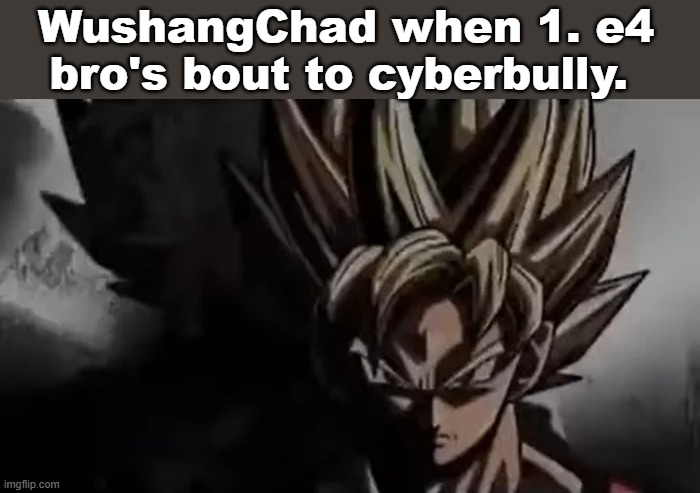 1. E4 Pirc Defense CyberBully | WushangChad when 1. e4
bro's bout to cyberbully. | image tagged in goku staring,chess,chessmeme,pircdefence,kingsindiansetup,kingsindian | made w/ Imgflip meme maker