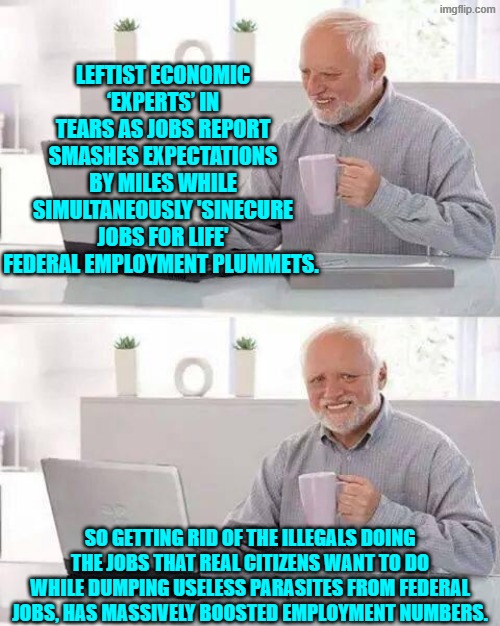 It's a burden to always be correct about everything, isn't it? | LEFTIST ECONOMIC ‘EXPERTS’ IN TEARS AS JOBS REPORT SMASHES EXPECTATIONS BY MILES WHILE SIMULTANEOUSLY 'SINECURE JOBS FOR LIFE' FEDERAL EMPLOYMENT PLUMMETS. SO GETTING RID OF THE ILLEGALS DOING THE JOBS THAT REAL CITIZENS WANT TO DO WHILE DUMPING USELESS PARASITES FROM FEDERAL JOBS, HAS MASSIVELY BOOSTED EMPLOYMENT NUMBERS. | image tagged in hide the pain harold | made w/ Imgflip meme maker