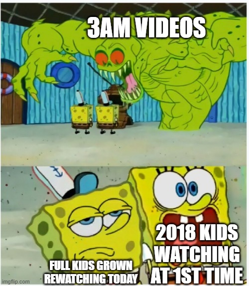 SpongeBob SquarePants scared but also not scared | 3AM VIDEOS; 2018 KIDS WATCHING AT 1ST TIME; FULL KIDS GROWN REWATCHING TODAY | image tagged in spongebob squarepants scared but also not scared,3 am | made w/ Imgflip meme maker