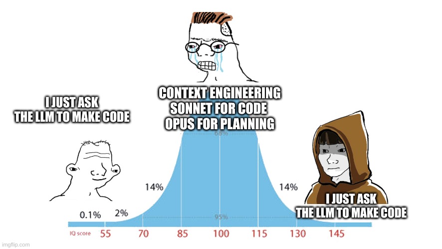 Midwit memes | CONTEXT ENGINEERING
SONNET FOR CODE 
OPUS FOR PLANNING; I JUST ASK THE LLM TO MAKE CODE; I JUST ASK THE LLM TO MAKE CODE | image tagged in midwit memes | made w/ Imgflip meme maker