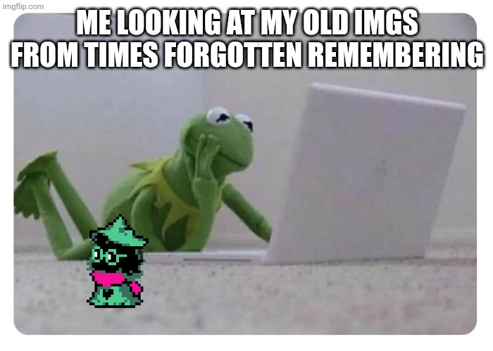 KERMIT LOOKS AT LAPTOP | ME LOOKING AT MY OLD IMGS FROM TIMES FORGOTTEN REMEMBERING | image tagged in kermit looks at laptop | made w/ Imgflip meme maker
