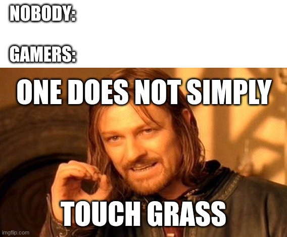 one does not simply touch grass | NOBODY:
 
GAMERS:; ONE DOES NOT SIMPLY; TOUCH GRASS | image tagged in memes,one does not simply | made w/ Imgflip meme maker