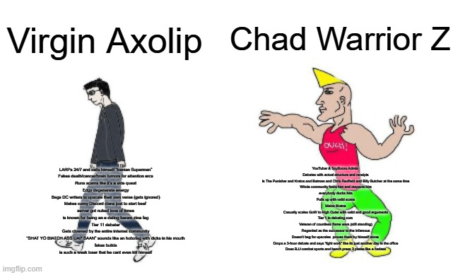 Virgin Axolip vs Chad Warrior Z | Chad Warrior Z; Virgin Axolip; YouTuber & SoyBooru Admin 


Debates with actual structure and receipts

Is The Punisher and Kratos and Batman and Chris Redfield and Billy Butcher at the same time


Whole community fears him and respects him

everybody ducks him

Pulls up with valid scans


Mains Kratos


Casually scales GoW to High Outer with valid and good arguments


Tier 1 in debating com 


Veteran of countless flame wars (still standing)


Regarded as the successor to the infamous


Doesn’t beg for upscales  proves them by himself alone 


Drops a 3-hour debate and says “light work” like its just another day in the office



 Does BJJ combat sports and bench press 3 plates like a badass; LARPs 24/7 and calls himself “Iranian Superman”

Fakes death/cancer/brain tumors for attention arcs

Runs scams like it’s a side quest

Edgy degenerate energy

Begs DC writers to upscale their own verse (gets ignored)

Makes corny Discord clans just to start beef 

server got nuked tons of times

is known for being an e dating haram zina fag


Tier 11 debater

Gets clowned by the entire internet community

“SHAT YO BIATCH ASS UAP SAAN” sounds like an hobofag with dicks in his mouth

 fakes builds 

is such a weak loser that he cant even kill himself | image tagged in virgin vs chad | made w/ Imgflip meme maker