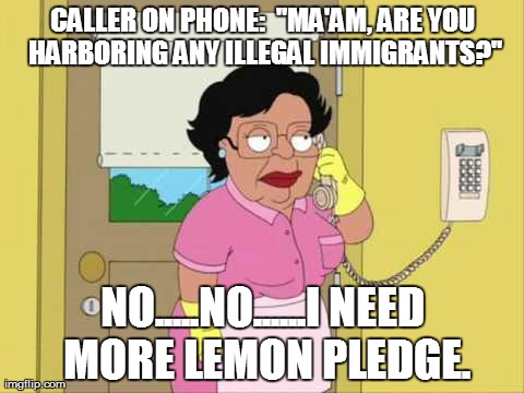 Consuela | CALLER ON PHONE:  "MA'AM, ARE YOU HARBORING ANY ILLEGAL IMMIGRANTS?" NO.....NO......I NEED MORE LEMON PLEDGE. | image tagged in memes,consuela | made w/ Imgflip meme maker