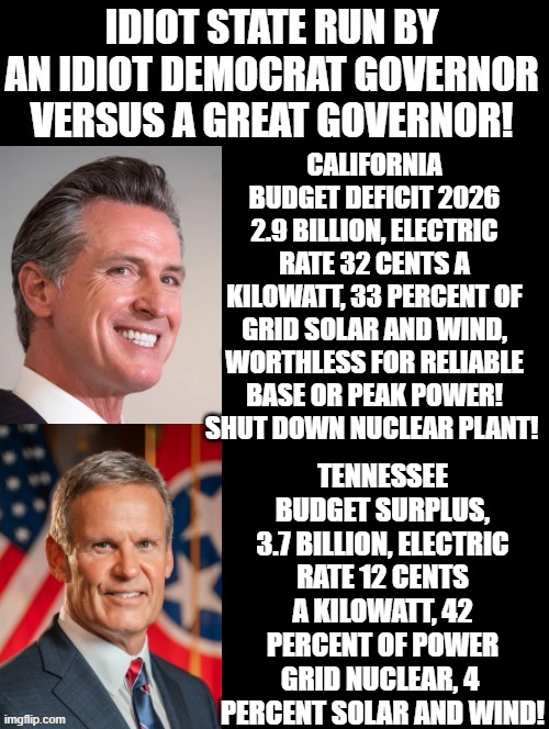 Idiot Governor versus Genius Governor! Are you a idiot Democrat or do you have a brain? | CALIFORNIA BUDGET DEFICIT 2026 2.9 BILLION, ELECTRIC RATE 32 CENTS A KILOWATT, 33 PERCENT OF GRID SOLAR AND WIND, WORTHLESS FOR RELIABLE BASE OR PEAK POWER! SHUT DOWN NUCLEAR PLANT! TENNESSEE BUDGET SURPLUS, 3.7 BILLION, ELECTRIC RATE 12 CENTS A KILOWATT, 42 PERCENT OF POWER GRID NUCLEAR, 4  PERCENT SOLAR AND WIND! | image tagged in sam elliott special kind of stupid | made w/ Imgflip meme maker
