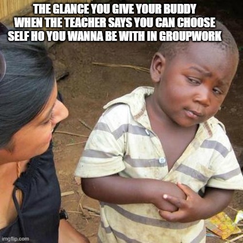 Third World Skeptical Kid Meme | THE GLANCE YOU GIVE YOUR BUDDY WHEN THE TEACHER SAYS YOU CAN CHOOSE SELF HO YOU WANNA BE WITH IN GROUPWORK | image tagged in memes,third world skeptical kid | made w/ Imgflip meme maker
